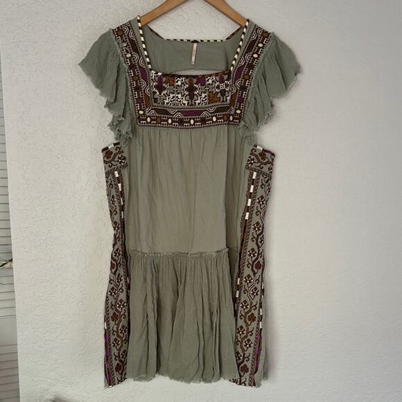 Free People Dresses & Skirts - Free People Embroidered Boho Dress Aztec Southwestern Cottage Babydoll Sage Fall